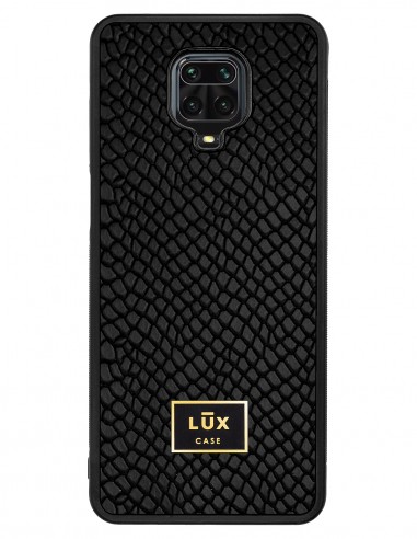 Etui premium skórzane, case na smartfon XIAOMI REDMI 9S PRO. Skóra iguana czarna ze złotą blaszką.