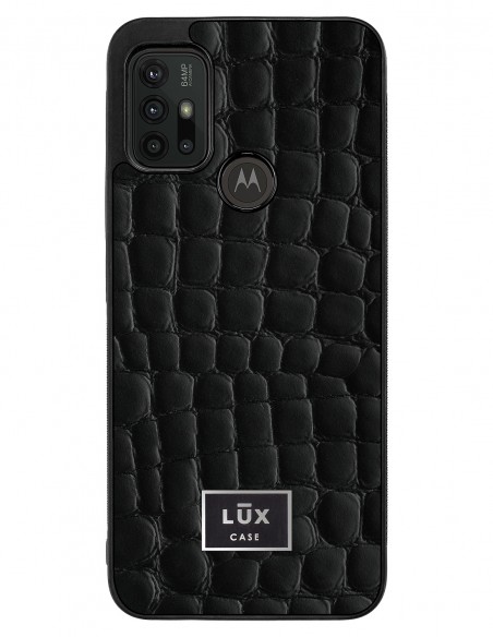 Etui premium skórzane, case na smartfon MOTOROLA MOTO G10 G30. Skóra crocodile czarna ze srebrną blaszką.