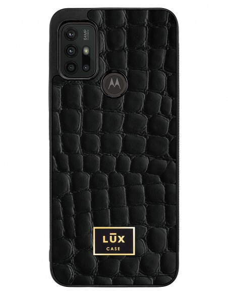 Etui premium skórzane, case na smartfon MOTOROLA MOTO G10 G30. Skóra crocodile czarna ze złotą blaszką.