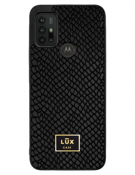 Etui premium skórzane, case na smartfon MOTOROLA MOTO G10 G30. Skóra iguana czarna ze złotą blaszką.