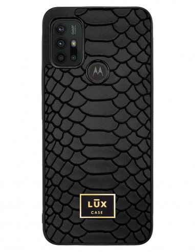 Etui premium skórzane, case na smartfon MOTOROLA MOTO G10 G30. Skóra python czarna mat ze złotą blaszką.