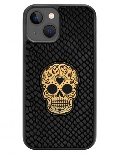 Etui premium skórzane, case na smartfon APPLE iPhone 13. Skóra iguana czarna ze złotą czaszką.