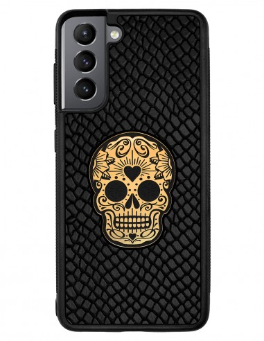 Etui premium skórzane, case na smartfon SAMSUNG GALAXY S21. Skóra iguana czarna ze złotą czaszką.