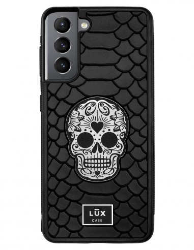 Etui premium skórzane, case na smartfon SAMSUNG GALAXY S21. Skóra python czarna mat ze srebrną blaszką i srebrną czaszką.