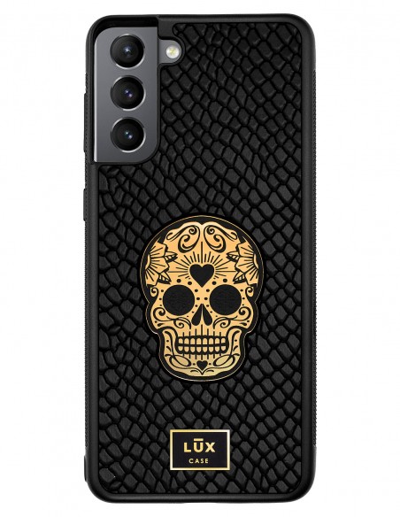 Etui premium skórzane, case na smartfon SAMSUNG GALAXY S21 PLUS. Skóra iguana czarna ze złotą blaszką i czaszką.