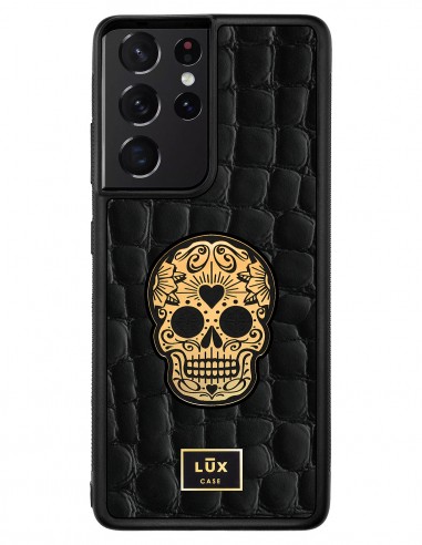 Etui premium skórzane, case na smartfon SAMSUNG GALAXY S21 ULTRA. Skóra crocodile czarna ze złotą blaszką i czaszką.