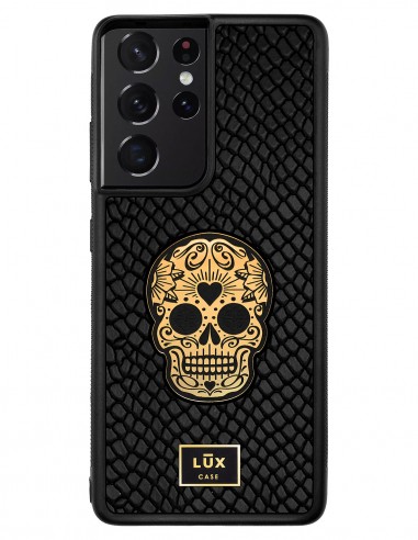 Etui premium skórzane, case na smartfon SAMSUNG GALAXY S21 ULTRA. Skóra iguana czarna ze złotą blaszką i czaszką.
