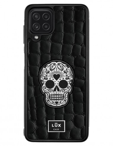 Etui premium skórzane, case na smartfon SAMSUNG GALAXY A22 4G. Skóra crocodile czarna ze srebrną blaszką i czaszką.