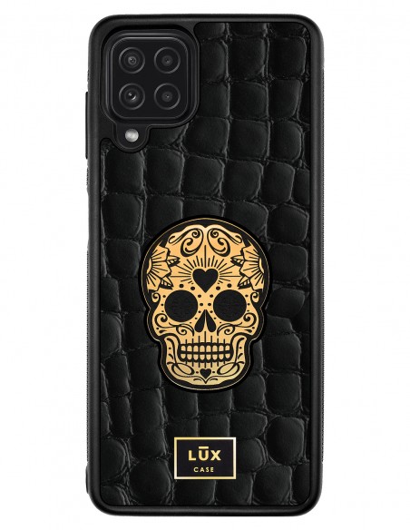 Etui premium skórzane, case na smartfon SAMSUNG GALAXY A22 4G. Skóra crocodile czarna ze złotą blaszką i czaszką.