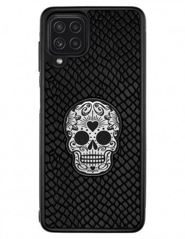 Etui premium skórzane, case na smartfon SAMSUNG GALAXY A22 4G. Skóra iguana czarna ze srebrną czaszką.