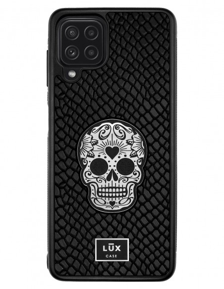 Etui premium skórzane, case na smartfon SAMSUNG GALAXY A22 4G. Skóra iguana czarna ze srebrną blaszką i czaszką.