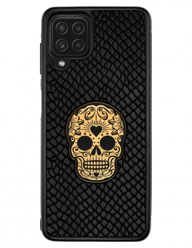 Etui premium skórzane, case na smartfon SAMSUNG GALAXY A22 4G. Skóra iguana czarna ze złotą czaszką.