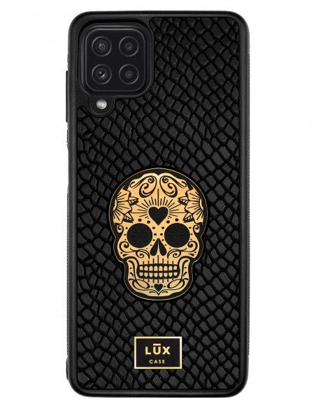 Etui premium skórzane, case na smartfon SAMSUNG GALAXY A22 4G. Skóra iguana czarna ze złotą blaszką i czaszką.