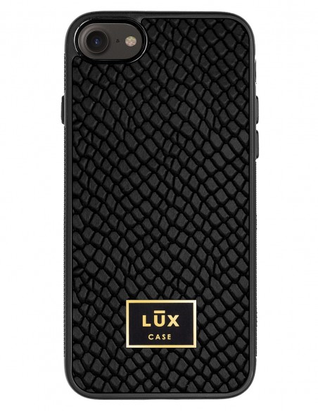 Etui premium skórzane, case na smartfon APPLE iPhone 7. Skóra iguana czarna ze złotą blaszką.