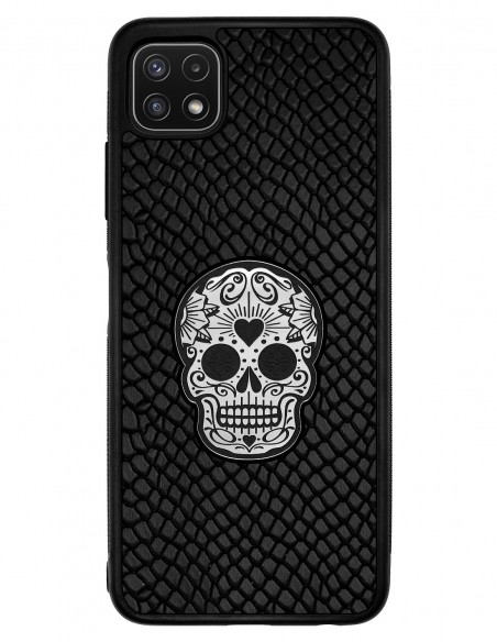 Etui premium skórzane, case na smartfon SAMSUNG GALAXY A22 5G. Skóra iguana czarna ze srebrną czaszką.