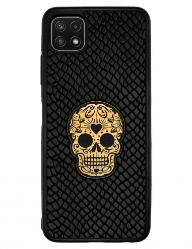 Etui premium skórzane, case na smartfon SAMSUNG GALAXY A22 5G. Skóra iguana czarna ze złotą czaszką.