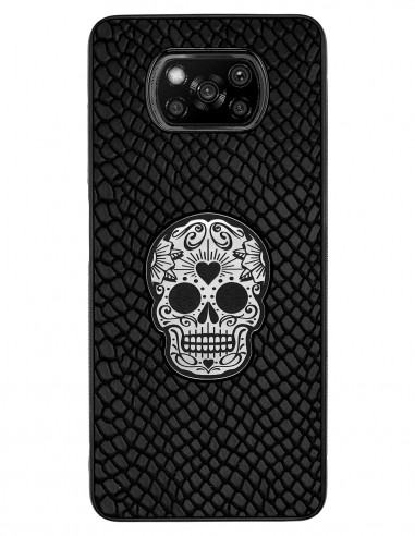 Etui premium skórzane, case na smartfon XIAOMI POCO X3. Skóra iguana czarna ze srebrną czaszką.