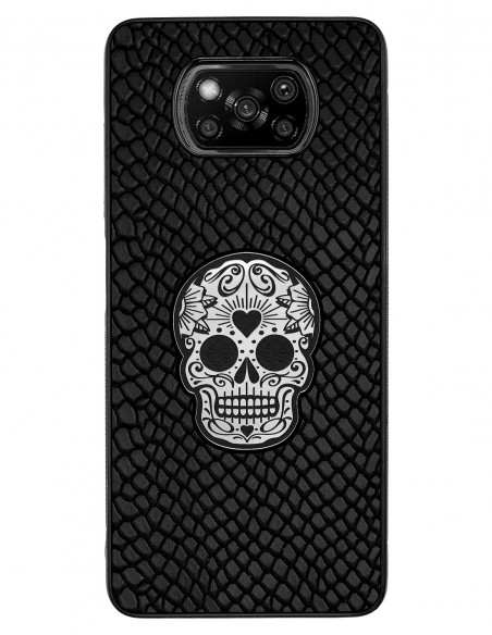 Etui premium skórzane, case na smartfon XIAOMI POCO X3. Skóra iguana czarna ze srebrną czaszką.