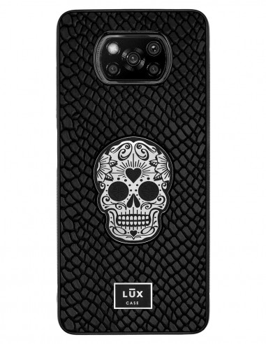 Etui premium skórzane, case na smartfon XIAOMI POCO X3. Skóra iguana czarna ze srebrną blaszką i czaszką.