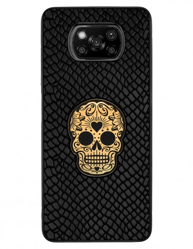 Etui premium skórzane, case na smartfon XIAOMI POCO X3. Skóra iguana czarna ze złotą czaszką.