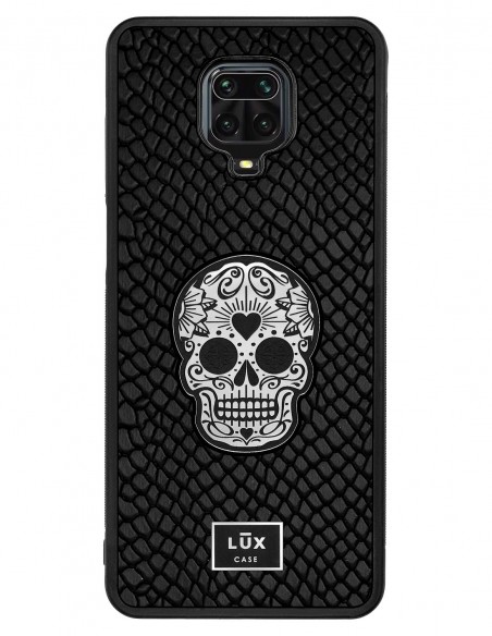 Etui premium skórzane, case na smartfon XIAOMI REDMI 9S PRO. Skóra iguana czarna ze srebrną blaszką i czaszką.