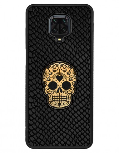Etui premium skórzane, case na smartfon XIAOMI REDMI 9S PRO. Skóra iguana czarna ze złotą czaszką.