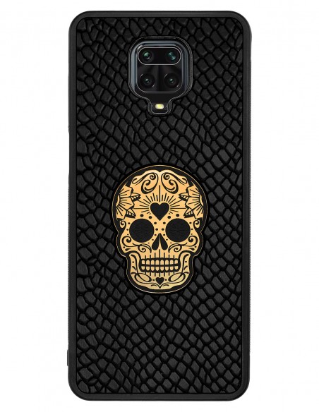 Etui premium skórzane, case na smartfon XIAOMI REDMI 9S PRO. Skóra iguana czarna ze złotą czaszką.