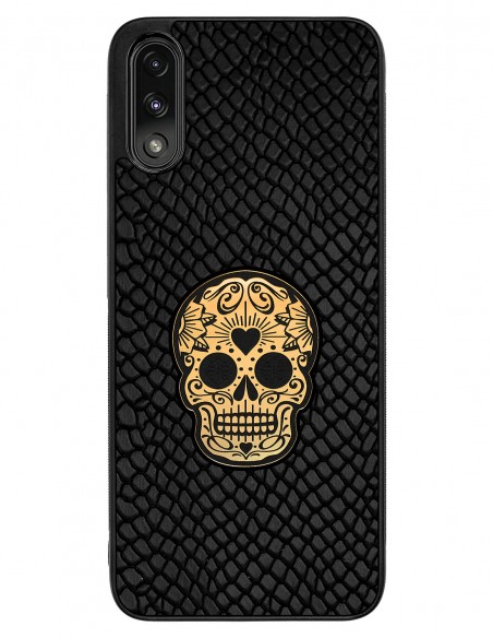 Etui premium skórzane, case na smartfon MOTOROLA MOTO E7 POWER. Skóra iguana czarna ze złotą czaszką.