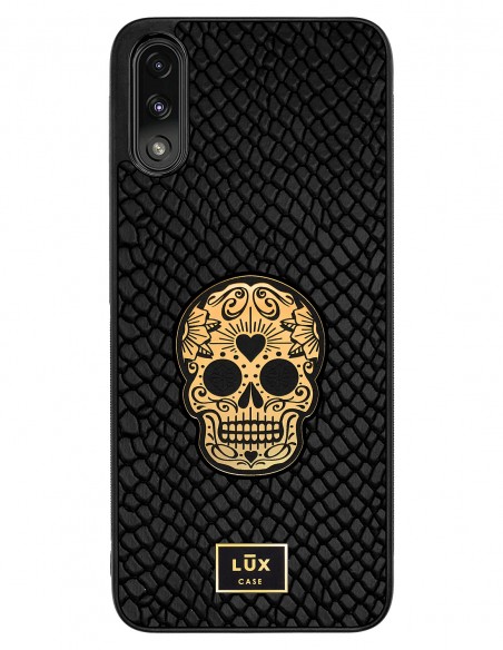 Etui premium skórzane, case na smartfon MOTOROLA MOTO E7 POWER. Skóra iguana czarna ze złotą blaszką i czaszką.