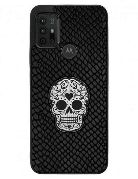 Etui premium skórzane, case na smartfon MOTOROLA MOTO G10 G30. Skóra iguana czarna ze srebrną czaszką.