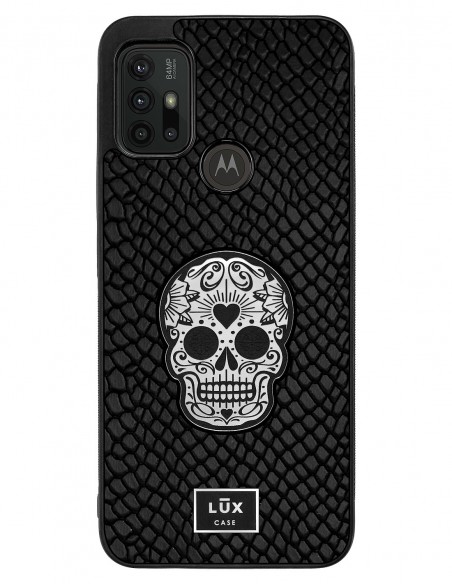 Etui premium skórzane, case na smartfon MOTOROLA MOTO G10 G30. Skóra iguana czarna ze srebrną blaszką i czaszką.