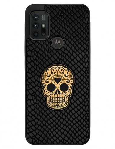 Etui premium skórzane, case na smartfon MOTOROLA MOTO G10 G30. Skóra iguana czarna ze złotą czaszką.