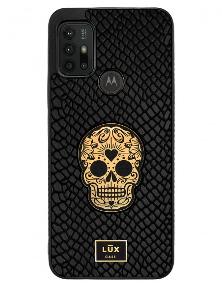 Etui premium skórzane, case na smartfon MOTOROLA MOTO G10 G30. Skóra iguana czarna ze złotą blaszką i czaszką.