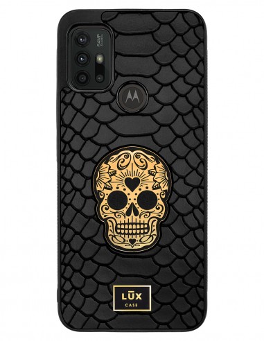 Etui premium skórzane, case na smartfon MOTOROLA MOTO G10 G30. Skóra python czarna ze złotą blaszką i czaszką.
