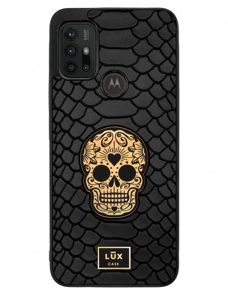Etui premium skórzane, case na smartfon MOTOROLA MOTO G10 G30. Skóra python czarna ze złotą blaszką i czaszką.