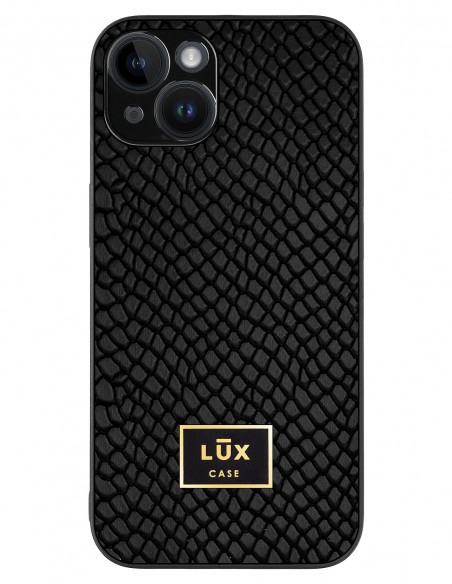 Etui premium skórzane, case na smartfon APPLE iPhone 14. Skóra iguana czarna ze złotą blaszką.