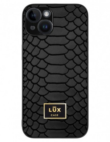 Etui premium skórzane, case na smartfon APPLE iPhone 14. Skóra python czarna mat ze złotą blaszką.