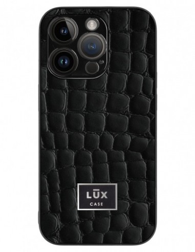 Etui premium skórzane, case na smartfon APPLE iPhone 14 PRO. Skóra crocodile czarna ze srebrną blaszką.