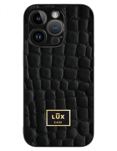 Etui premium skórzane, case na smartfon APPLE iPhone 14 PRO. Skóra crocodile czarna ze złotą blaszką.