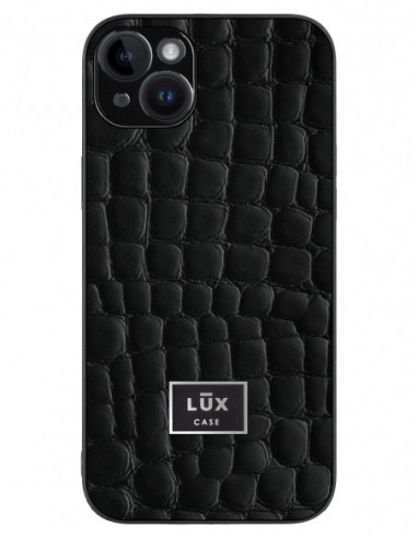 Etui premium skórzane, case na smartfon APPLE iPhone 14 PLUS. Skóra crocodile czarna ze srebrną blaszką.