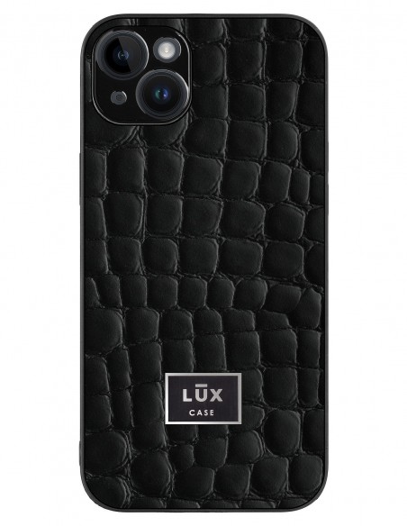 Etui premium skórzane, case na smartfon APPLE iPhone 14 PLUS. Skóra crocodile czarna ze srebrną blaszką.