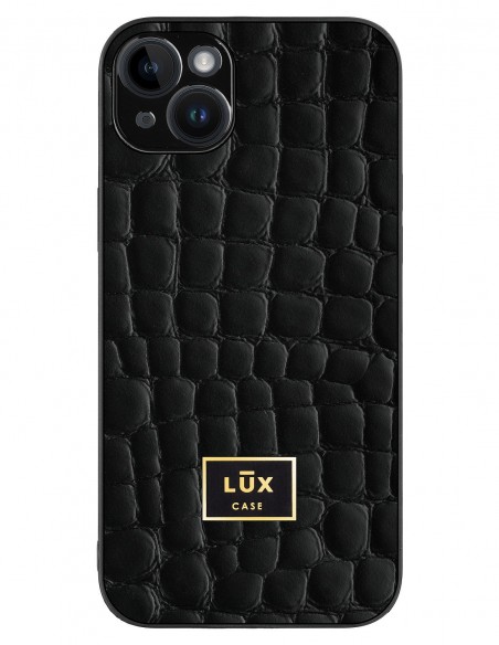 Etui premium skórzane, case na smartfon APPLE iPhone 14 PLUS. Skóra crocodile czarna ze złotą blaszką.