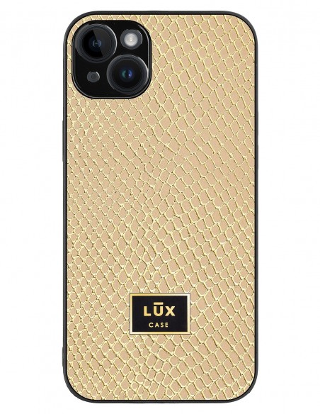 Etui premium skórzane, case na smartfon APPLE iPhone 14 PLUS. Skóra iguana gold ze złotą blaszką.