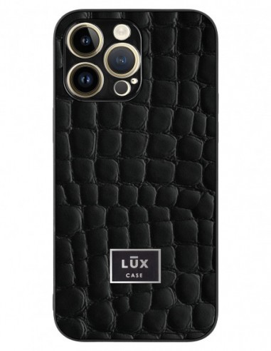 Etui premium skórzane, case na smartfon APPLE iPhone 14 PRO MAX. Skóra crocodile czarna ze srebrną blaszką.