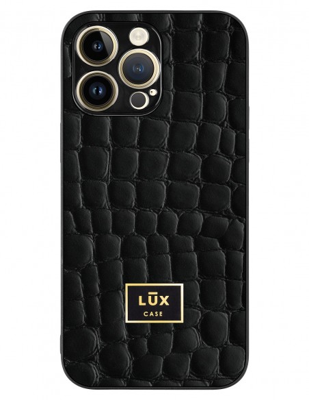 Etui premium skórzane, case na smartfon APPLE iPhone 14 PRO MAX. Skóra crocodile czarna ze złotą blaszką.