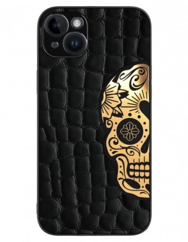Etui premium skórzane, case na smartfon APPLE iPhone 14 PRO. Skóra crocodile czarna ze złotą blaszką i czaszką.