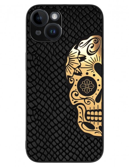 Etui premium skórzane, case na smartfon APPLE iPhone 14. Skóra iguana czarna ze złotą czaszką.
