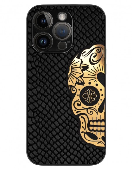 Etui premium skórzane, case na smartfon APPLE iPhone 14 PRO. Skóra iguana czarna ze złotą czaszką.