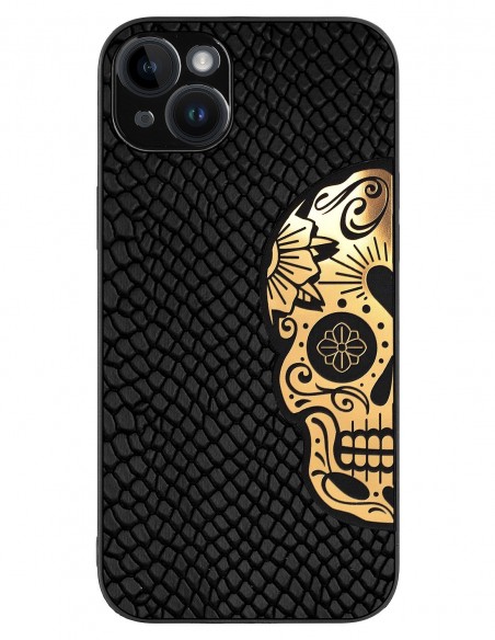 Etui premium skórzane, case na smartfon APPLE iPhone 14 PLUS. Skóra iguana czarna ze złotą czaszką.