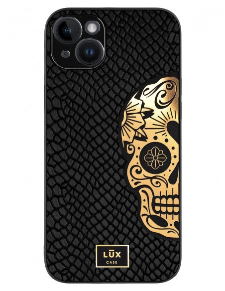 Etui premium skórzane, case na smartfon APPLE iPhone 14 PLUS. Skóra iguana czarna ze złotą blaszką i czaszką.